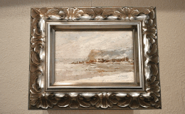 Cadre à Part Annecy - Paysage bord de mer peinture cadre argenté moulure bois